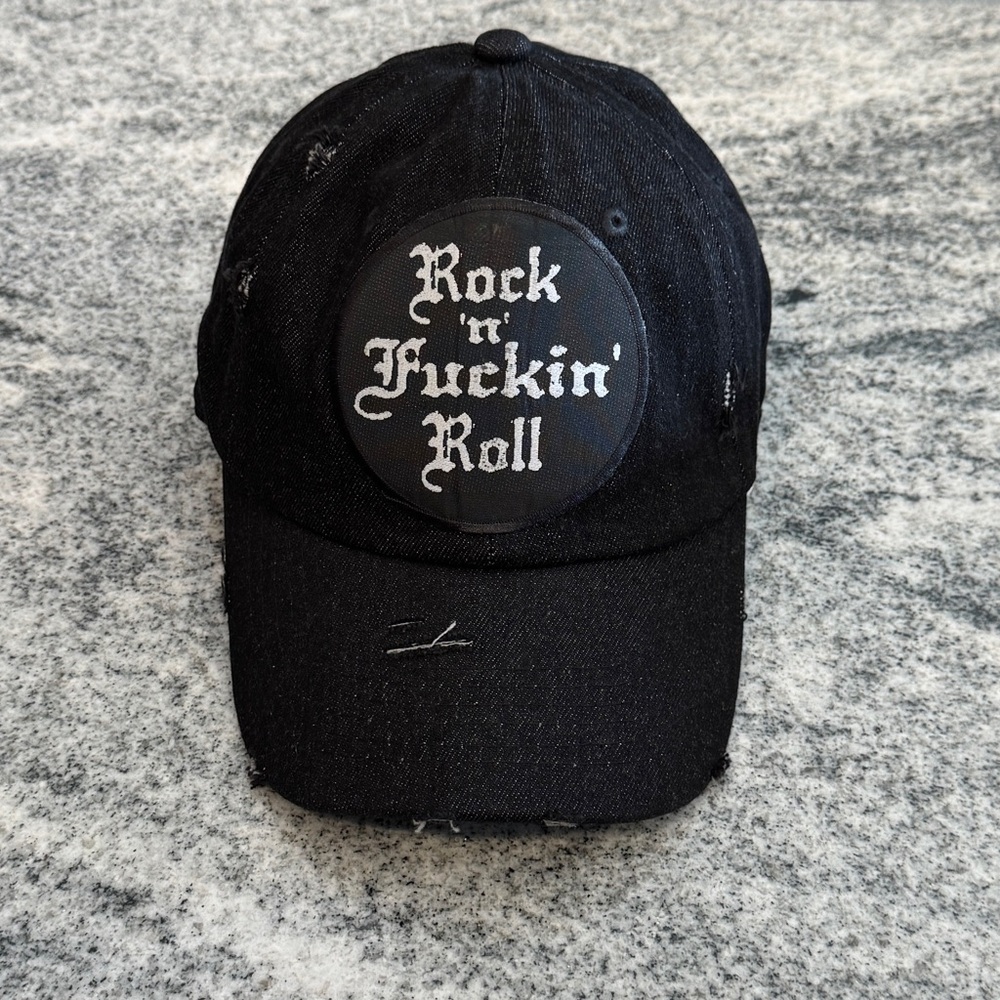 New Custom Designed Black Distressed Baseball Cap with Rock 'n' Roll, Adjustable
